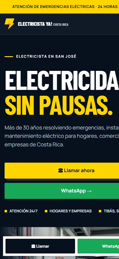 Página de Electricista YA en celular